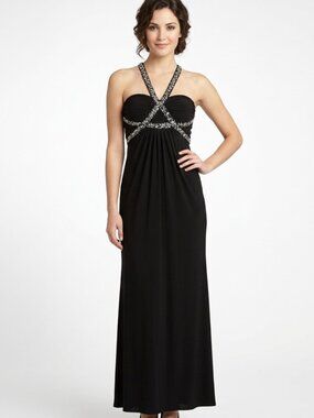 PROM Bridesmaid Gala Long Dress Black with Silver Sequins Greek Style Sheer 5/6